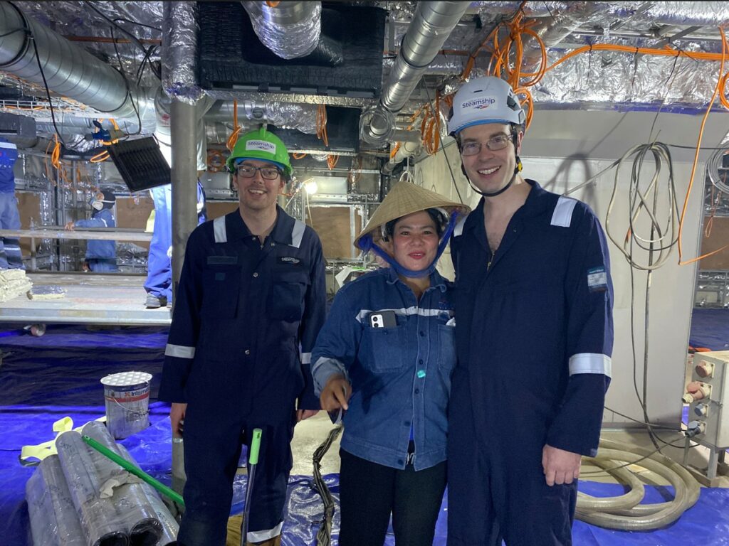 Mrs Clean inside Menawethan with Luke and Tom