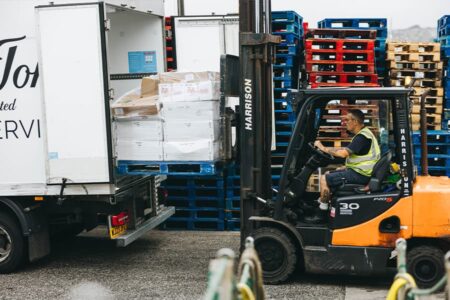 Forklift truck unloading a lorry in Penzance