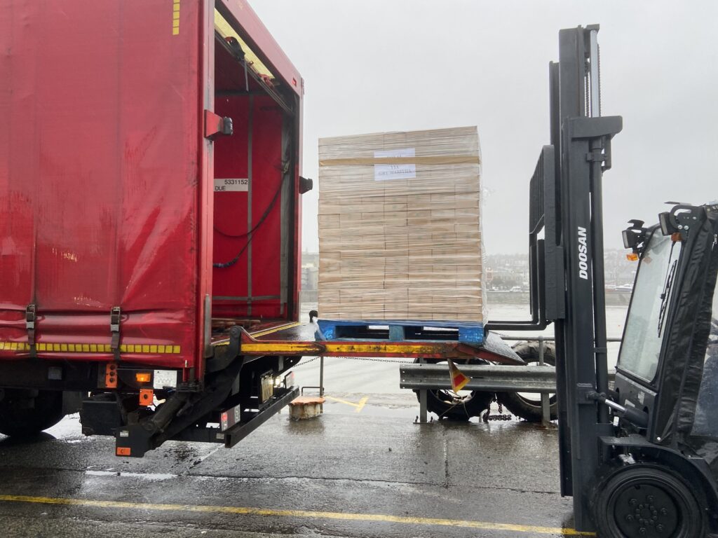 Flowers being loaded into Royal Mail lorries on Penzance Quay ready to be delivered for Mother’s Day.
