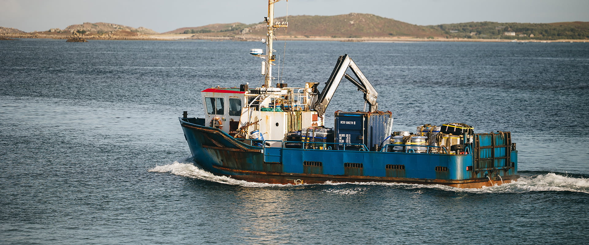 Lyonesse Lady departing to deliver freight, Isles of Scilly