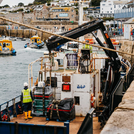 Lyonesse Lady being loaded with freight at St Mary's quay to take to the off islands