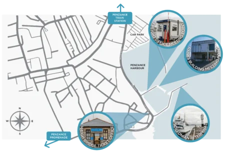 map of Penzance Harbour showing the passenger meeting points for Isles of Scilly freight vessels.