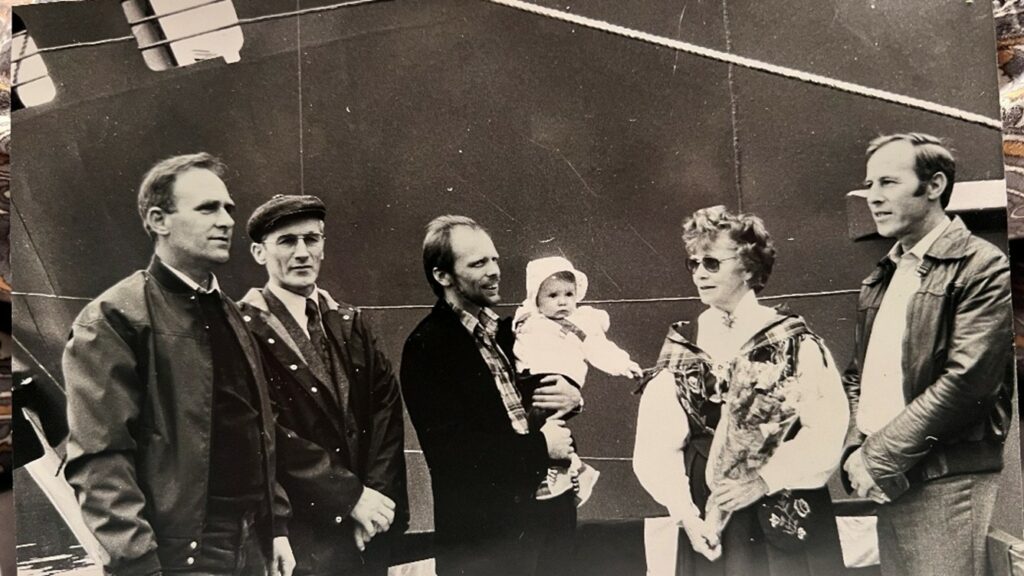 Centre: Gry Maritha’s first captain, Tor Kristian Sevaldsen, holding his daughter, Gry Maritha Sevaldsen at the ship’s christening. Gry’s grandmother is to the right. She is the ship’s godmother.
