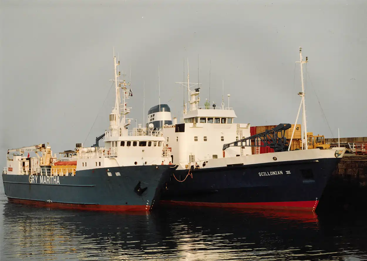 Scillonian III and Gry Maritha in 1990 in Penzance