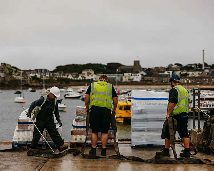 West Country Foods pallet being unloaded onto St Mary's Quay, Isles of Scilly